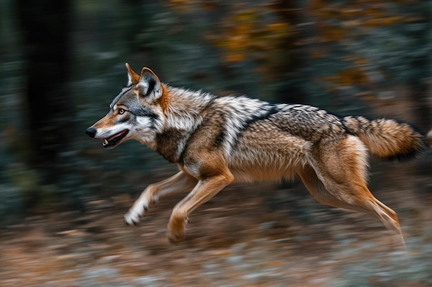 A swiftly running wolf in its natural habitat side view