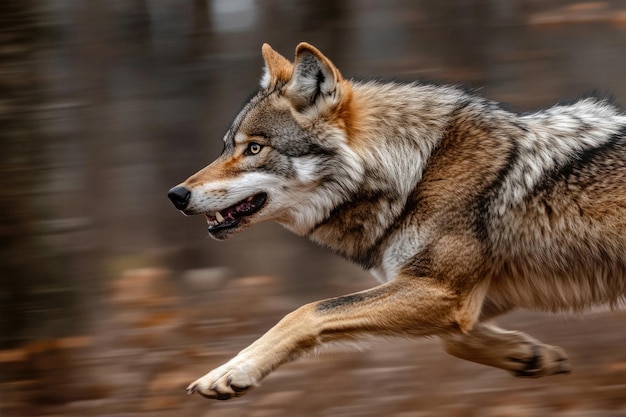 A swiftly running wolf in its natural habitat side view