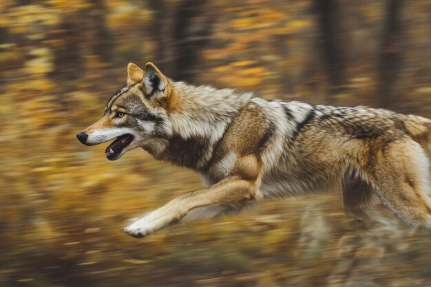 A swiftly running wolf in its natural habitat side view