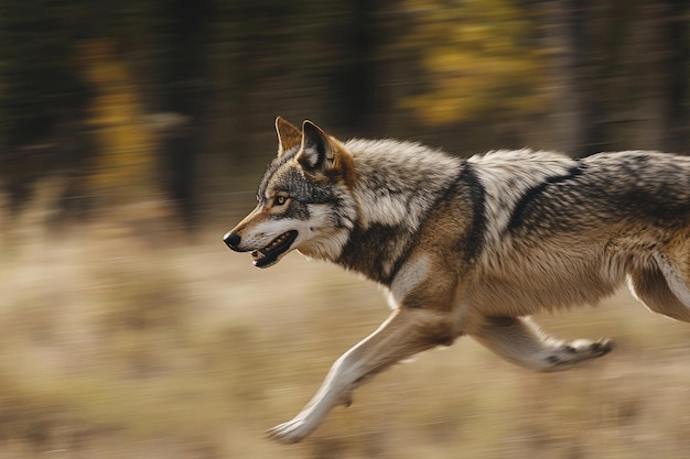 A swiftly running wolf in its natural habitat side view