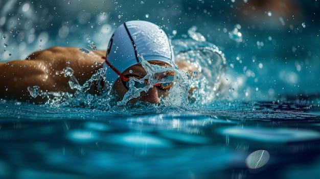 A swimmer cutting through water in a pool creating ripples in midstroke