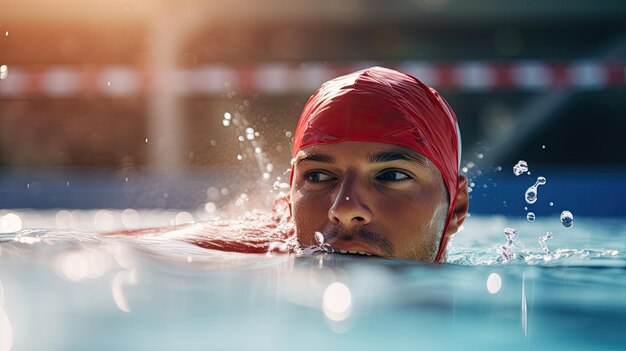 The swimmer wore a bright red swimming cap gliding effortlessly through the crystalclear water