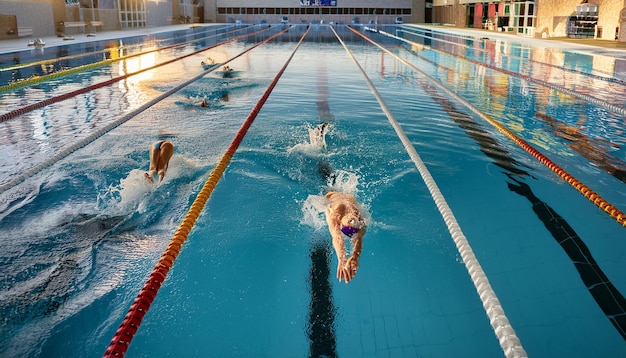 Swimmers diving into the pool at the start of a race