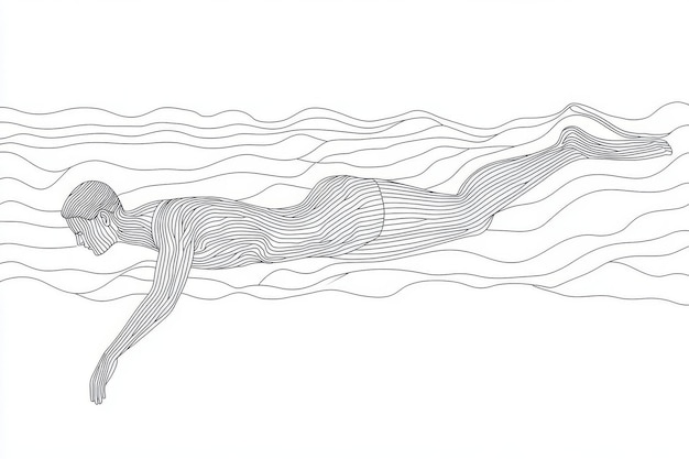 Photo swimming athlete woman jumping to start competition in a continuous single line drawing illustration showing a healthy sport lifestyle