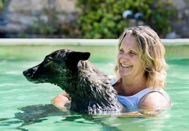 Swimming Dutch Shepherd and woman