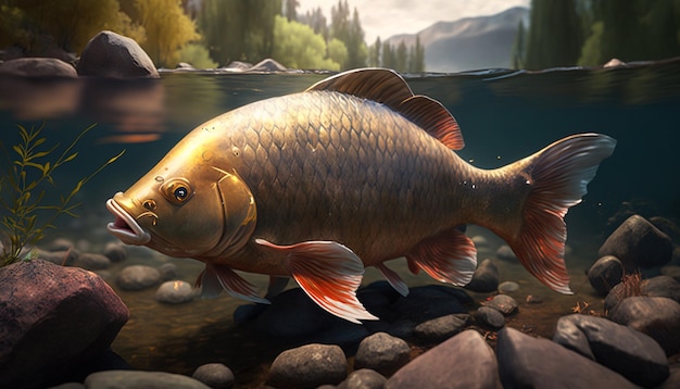 Swimming gold freshwater carp fish AI Generated