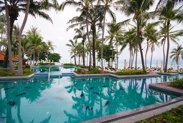 Swimming pool beside the sea with coconut tree modern luxury hotel, Samui island, Thailand