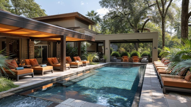 Swimming Pool Oasis With Lounge Chairs and Trees