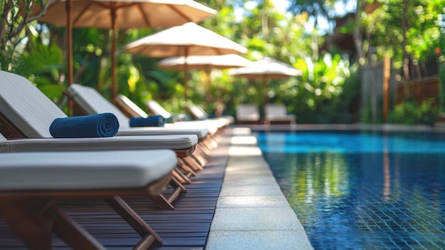 Photo a swimming pool and sun loungers under umbrellas in the outdoor