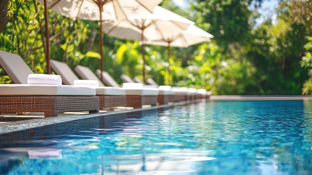 Photo a swimming pool and sun loungers under umbrellas in the outdoor