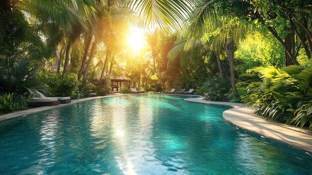 Photo a swimming pool surrounded by lush tropical greenery with the sun shining through the trees