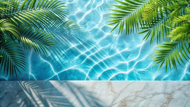 Photo swimming pool top view background with palm leaves shadow on marble table top and blue water ring wavesbackdrop banner of summer tropical background for cosmetics product placement podium mockup