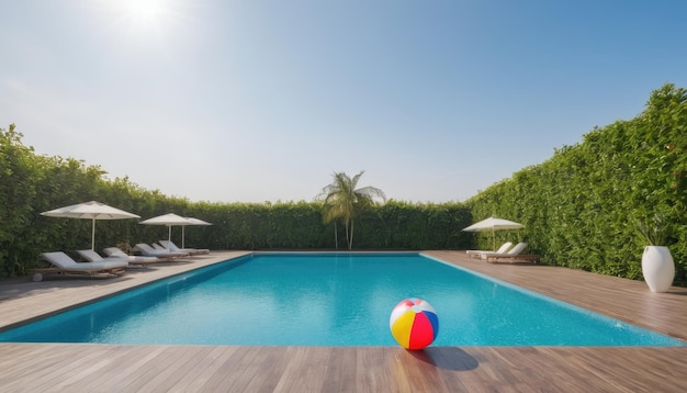 a swimming pool with a beach ball next to a pool