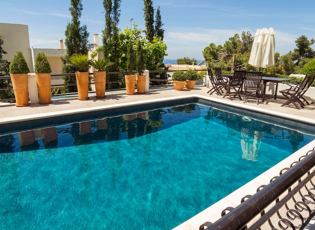 Swimming Pool with a gorgeous view in the apartment on a Sunny hot day in Athens Greece