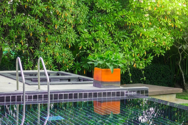 Swimming pool with metal stair with green nature  backgroun