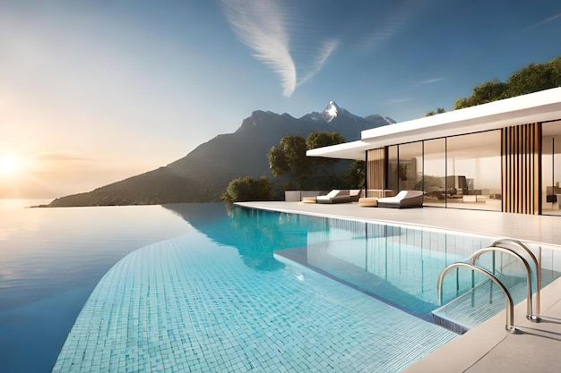 A swimming pool with a mountain in the background