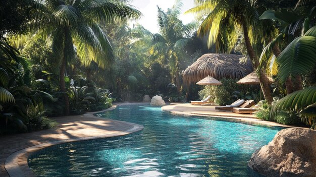 Photo a swimming pool with a palm tree in the background