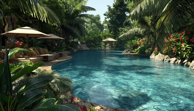 Photo a swimming pool with a palm tree in the background