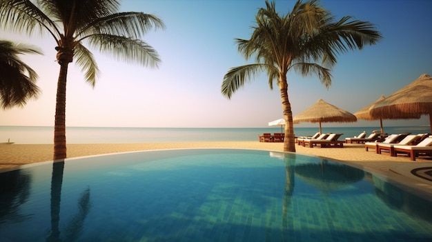 a swimming pool with palm trees and a beach umbrella.