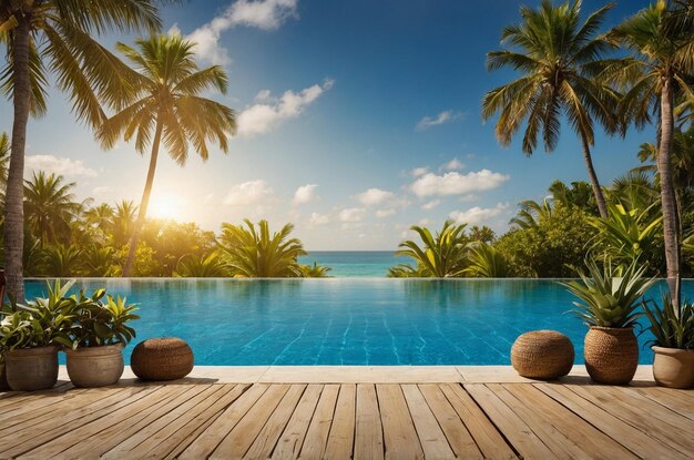 Photo a swimming pool with palm trees and a blue pool in the background