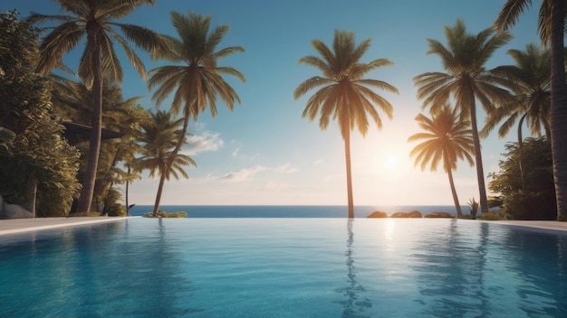 Photo swimming pool with palm trees at sunset in luxury hotel pool resort