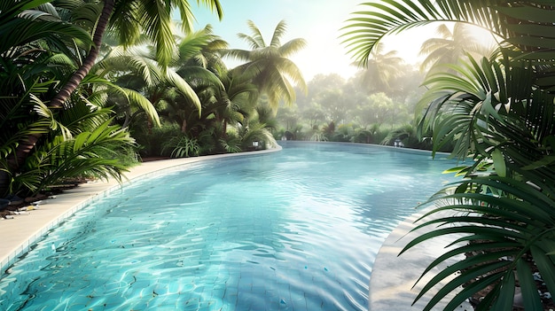 a swimming pool with a pool and palm trees in the background