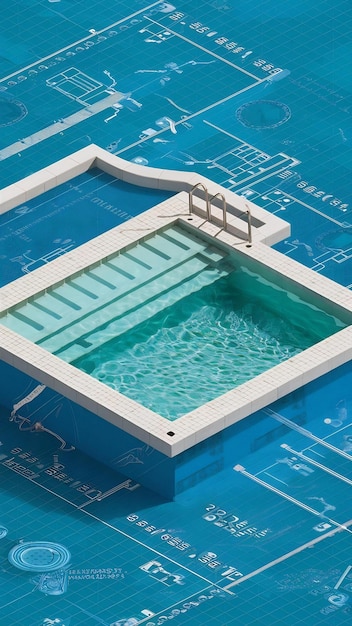 Photo swimming pool with a strcase and clear water isolated on building blueprints background 3d illustra