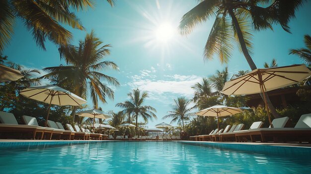 Photo swimming pool with sun loungers and umbrellas in tropical resort