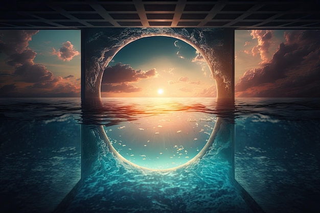 Swimming pool with underwater view of sun setting into the horizon created with generative ai