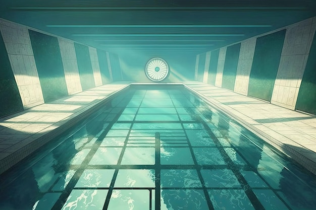 Swimming pool with underwater view of swimming lanes and diving boards created with generative ai