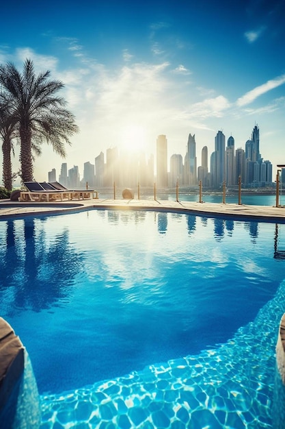 Photo a swimming pool with a view of a city in the background