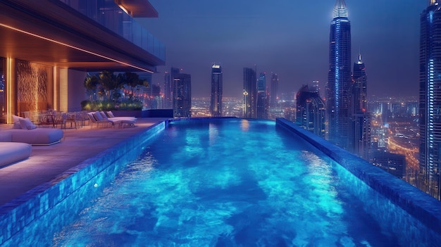 Photo a swimming pool with a view of a city at night