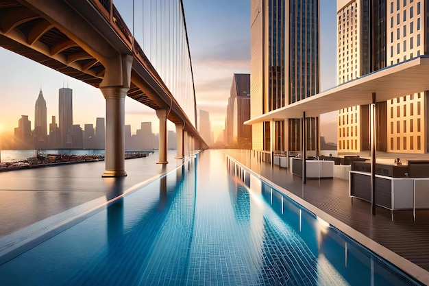 A swimming pool with a view of the city skyline.