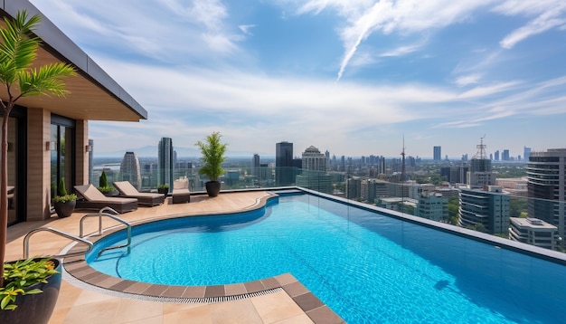 a swimming pool with a view of the city