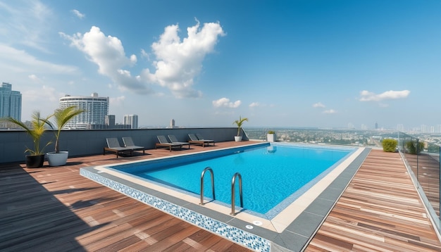 a swimming pool with a view of the city