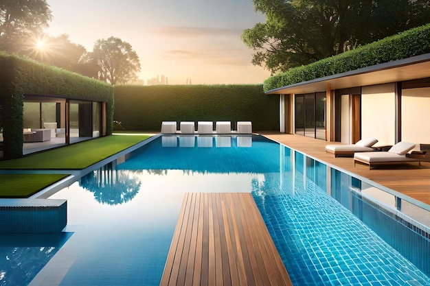 A swimming pool with a view of the house and the sun setting.