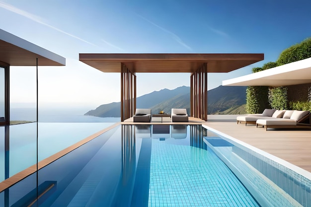 A swimming pool with a view of the mountains in the background.