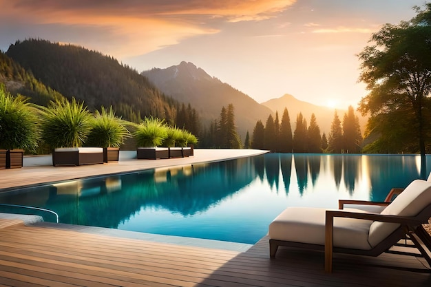 A swimming pool with a view of the mountains and trees in the background