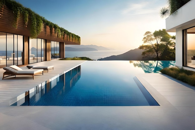 A swimming pool with a view of the sea and mountains in the background.