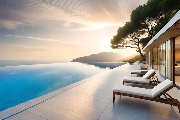 A swimming pool with a view of the sea and a sunset in the background