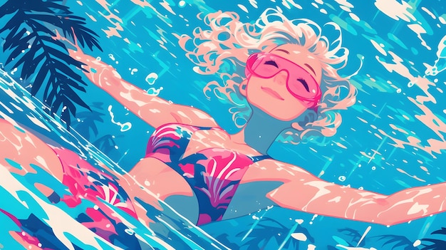 swimming in the pool woman with long wavy red hair wearing a pink and blue pastel neon suit floating underwater which in Generate AI