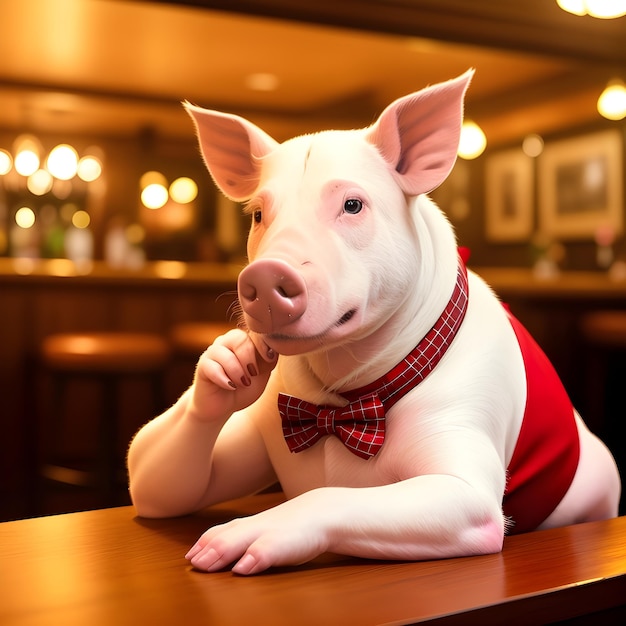 Swine dressed in holiday suit and bow sitting at table in bar Anthropomorphic animals Generative AI