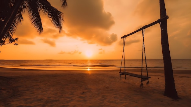 A swing on a beach at sunset