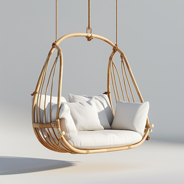 Swing chair with white background natural wood