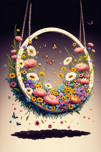 Swing filled with lots of colorful flowers generative ai