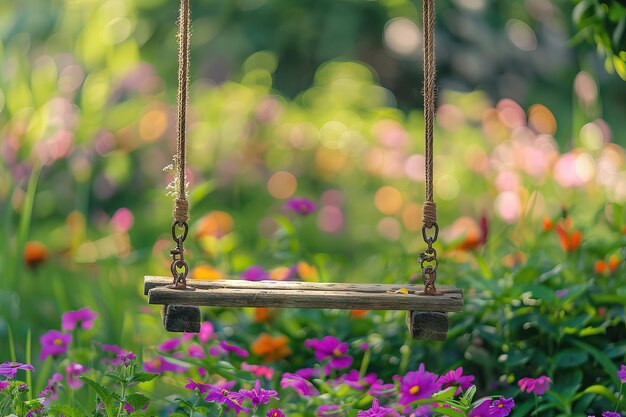 Photo a swing hanging from a tree in a park with flowers on the grass generative ai