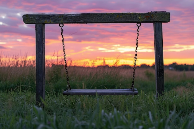 Photo a swing hangs from a sturdy tree in a grassy field with a vibrant sunset painting the sky in warm hues an empty swing set against a nostalgic sunset ai generated