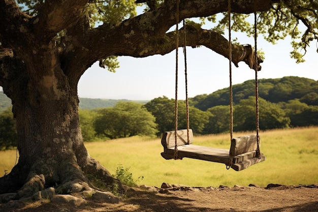 Photo a swing hangs from a tree in a field.