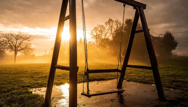 Photo a swing in the rain at sunset