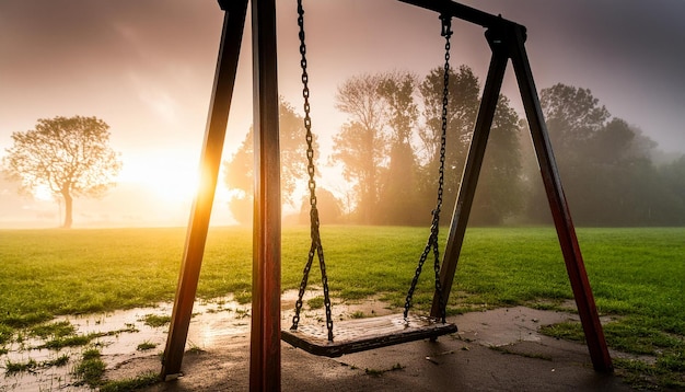 a swing set in the fog with the sun behind it